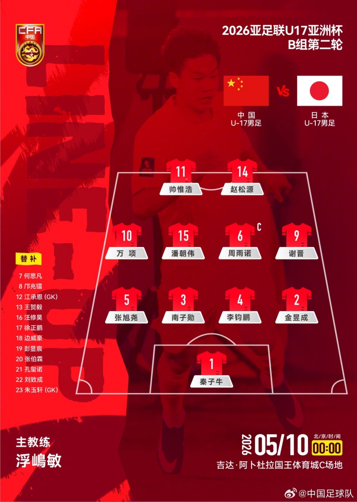 BetVictor伟德-U17亚洲杯B组第二轮，中国U-17男足对阵日本U-17男足，首发公布